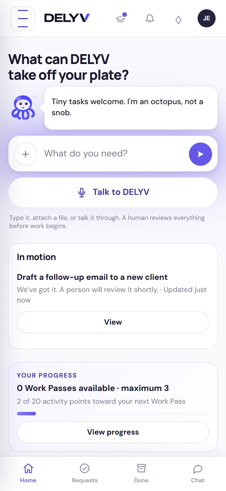 The DELYV app home screen on a phone: a box that asks what you need, a talk option, and a task that is in motion.