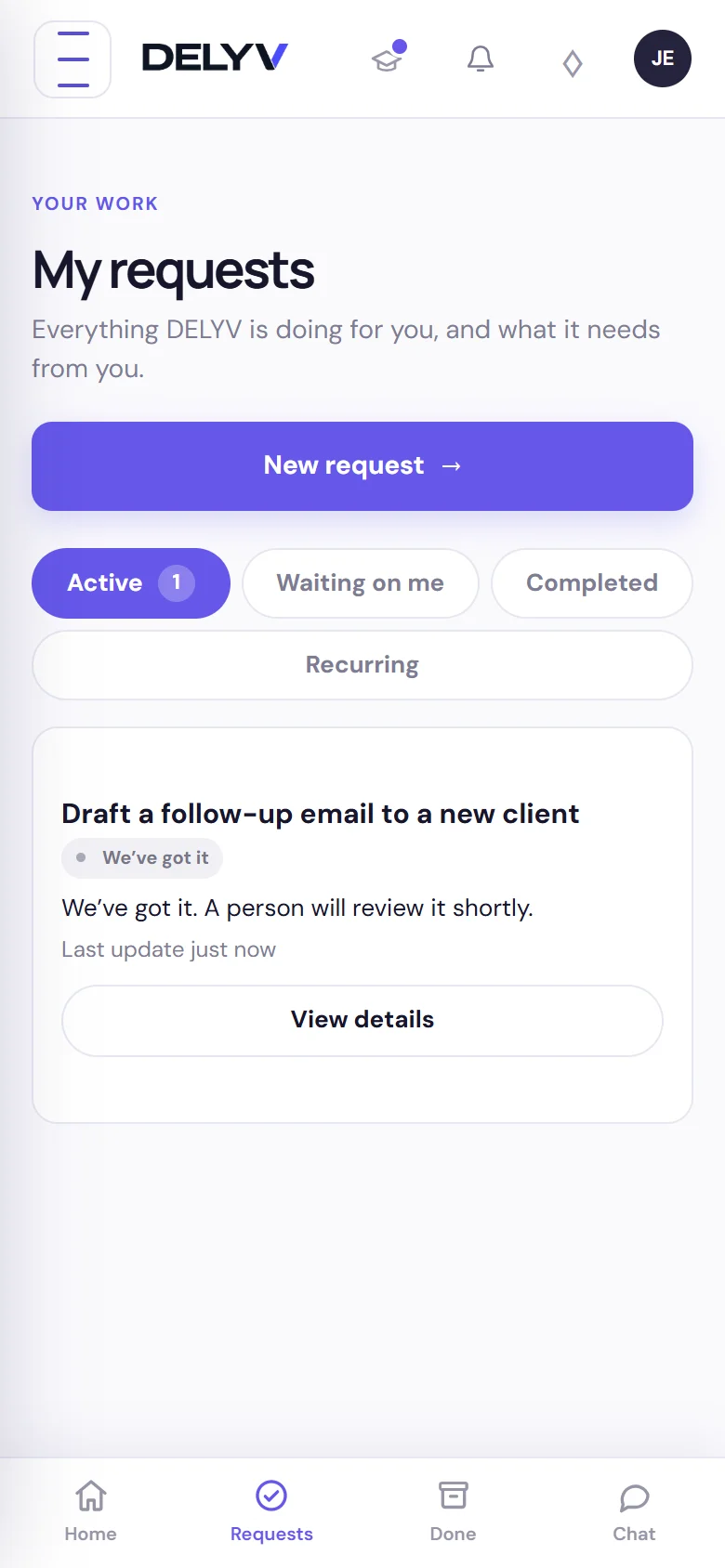 The My requests screen on a phone, showing an active request with its status and a View details button.