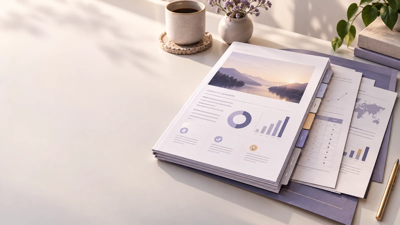 Illustrative preview of a completed research brief with charts and supporting pages.