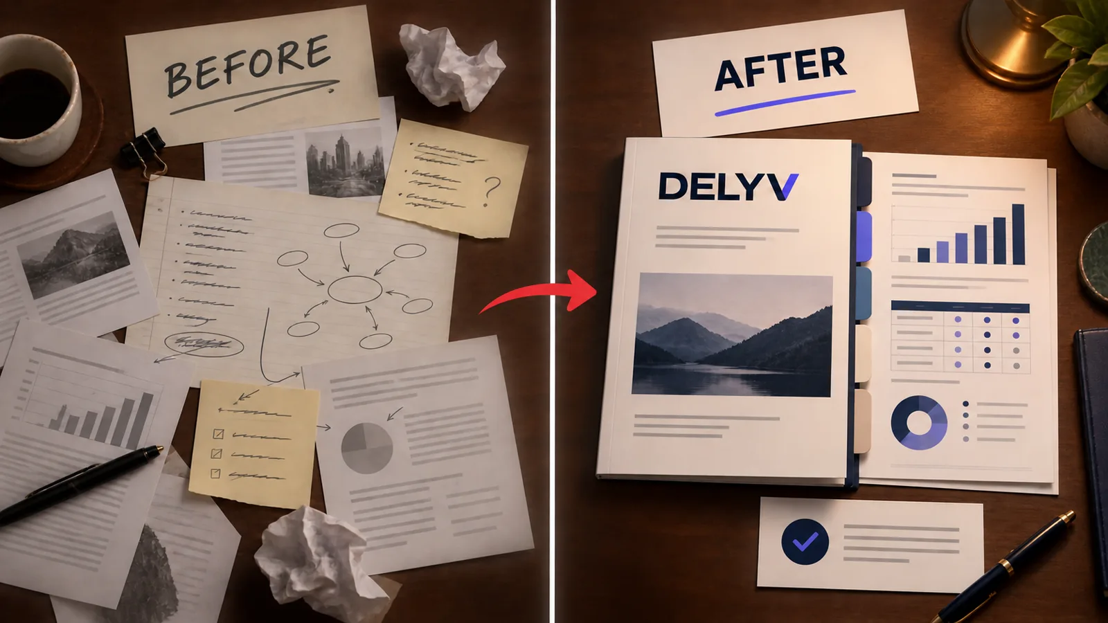 Illustrative before-and-after transformation from scattered notes to an organized result.